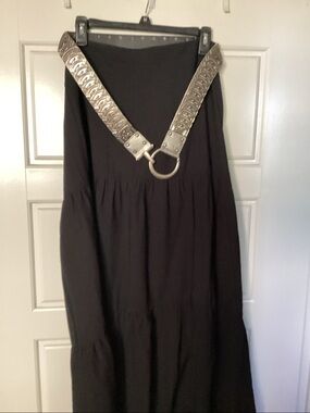 Silver Engraved Metal Link Belt with Ring Buckle styled with a boho skirt